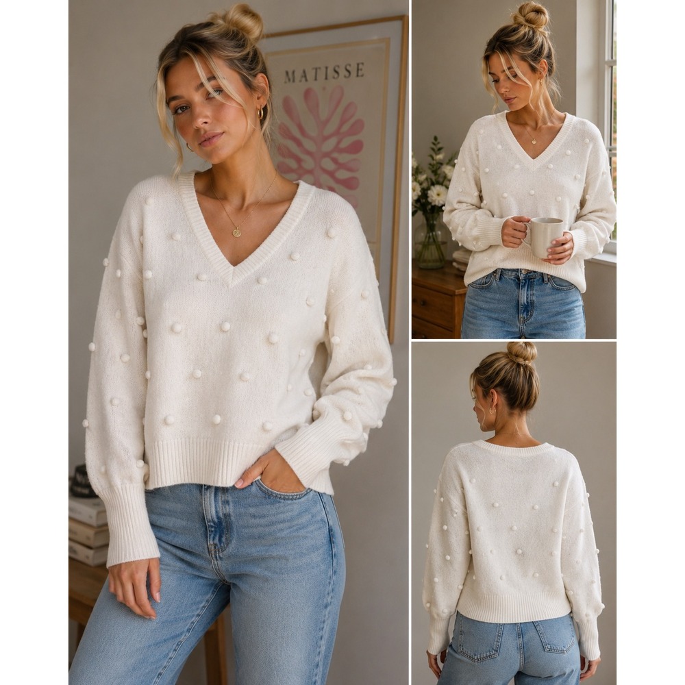 Madewell Womens Bobble Pom Pom V-Neck Sweater Ivory Merino Wool Blend Medium‎